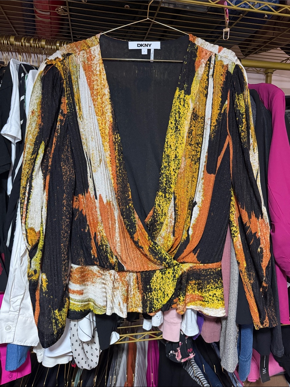 DKNY Black Wrap Blouse with Orange & Yellow Abstract Print